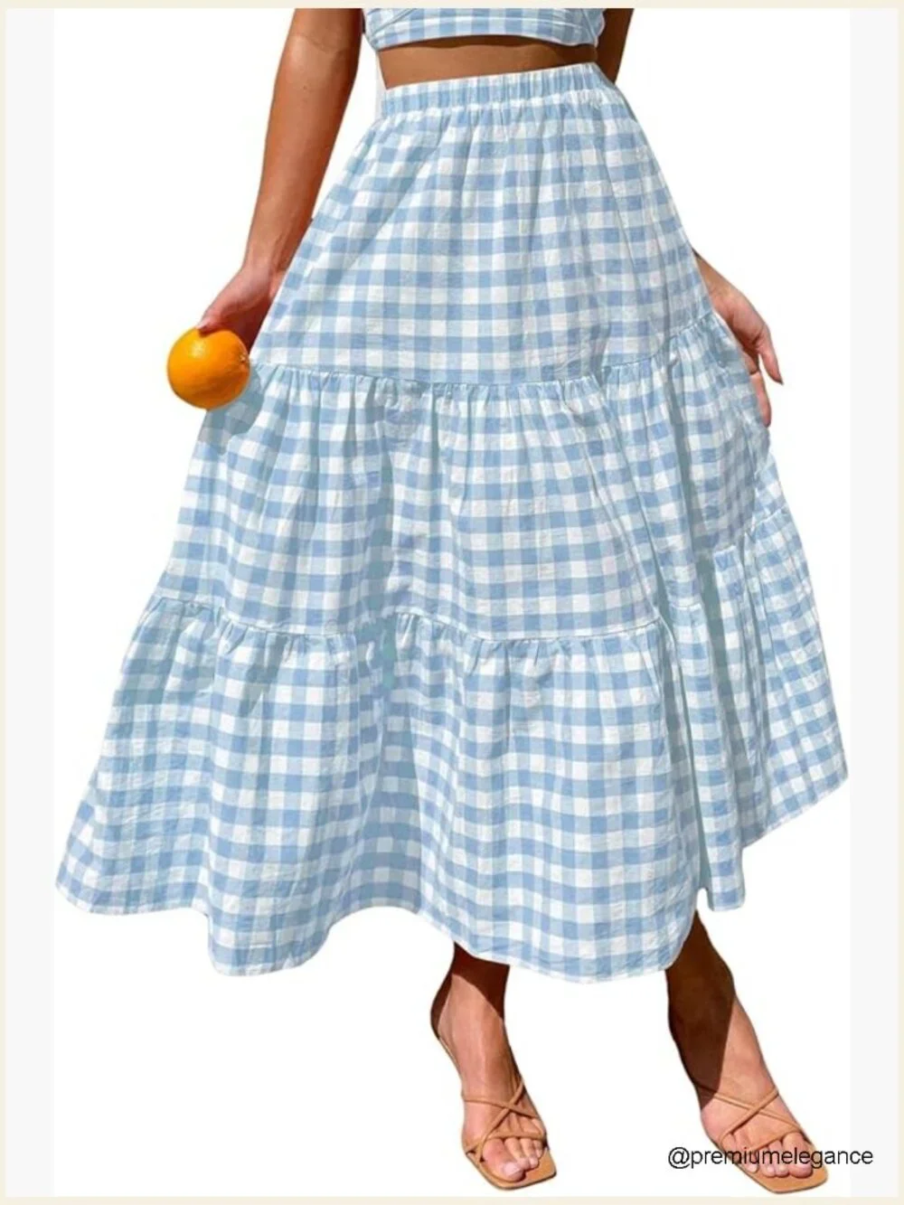 Slim Fit Elastic High Waist Plaid Gingham Tiered Flowy Boho Maxi Skirt with